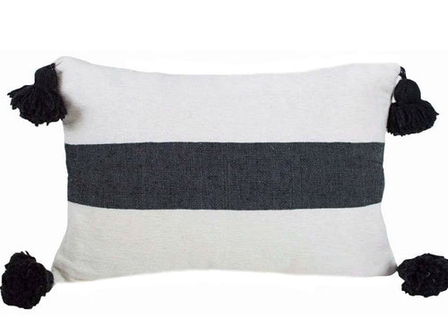 Moroccan PomPom Lumbar Pillow Cover - White with Large Black Stripe - Darâa