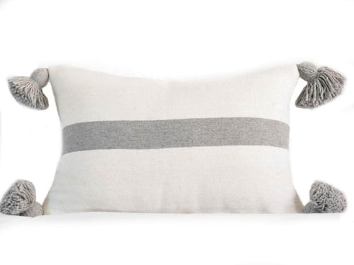 Moroccan PomPom Lumbar Pillow Cover - White with Large Gray Stripe - Darâa