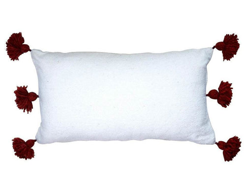 Moroccan PomPom Lumbar Pillow Cover - White with Red Pom Poms