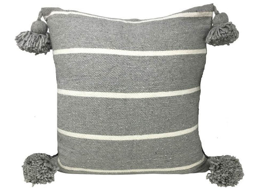 Moroccan PomPom Pillow Cover - Grey with White Stripes