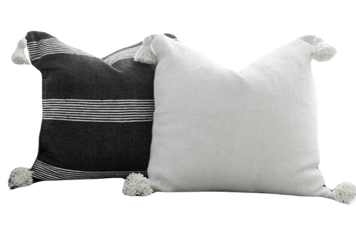 Moroccan Pom Pom Pillow - Square - Set of two Covers - Black Layali - White & Black