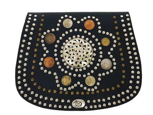 Coins Adorned Leather Bag - Star - Black