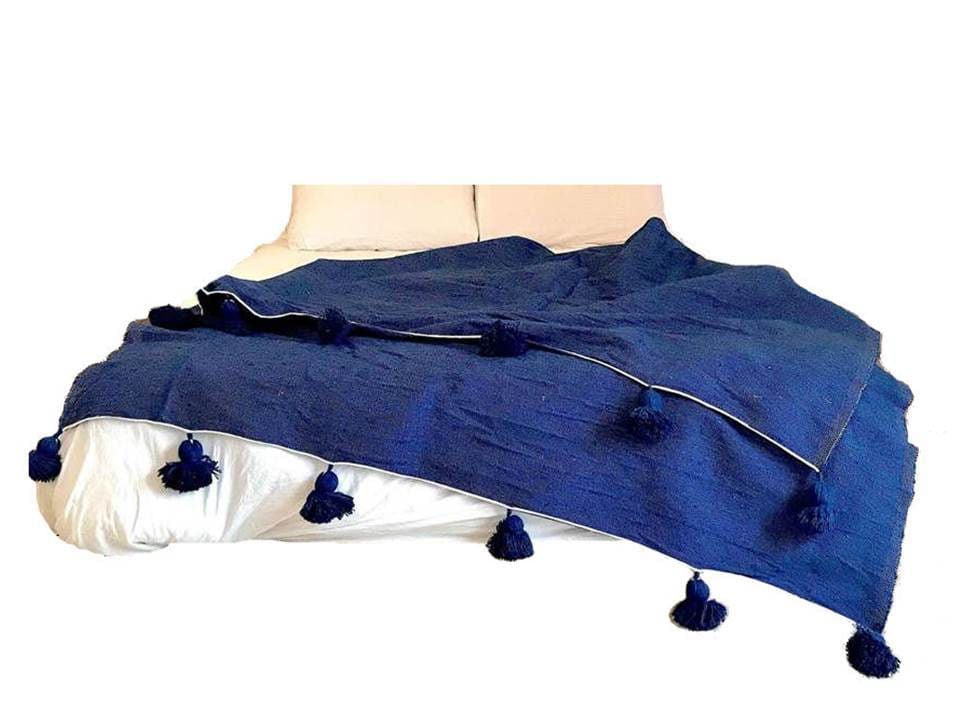 Moroccan PomPom Lumbar Pillow - White with Blue Pom Poms
