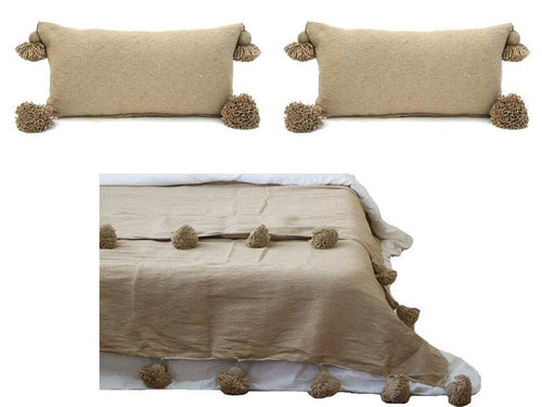Pom Pom Blanket with two Pillows Bundle - Beige
