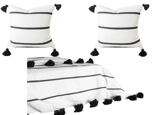 Pom Pom Blanket with two Pillow Covers Bundle - White with Black Stripes