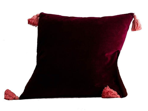 Velvet Decorative Throw Pom Pom Pillow -  20x20" - Burgundy