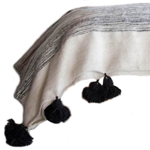 White with Black Stripes Pom Pom Blanket - El Badie