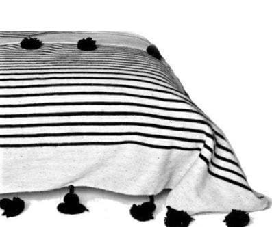 White with Black Thin Stripes Pom Pom Blanket
