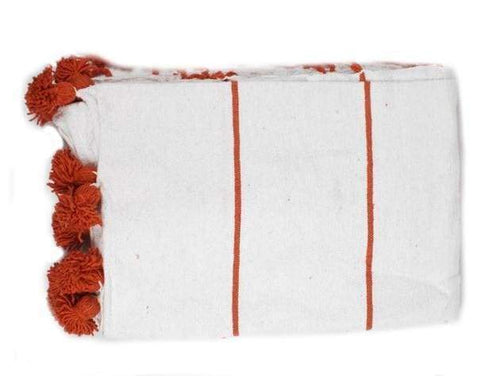 White with Red Stripes Pom Pom Blanket - Marrakesh