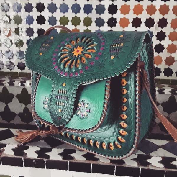 Green Emerald Leather Bag - LSSAN Embroidered Shoulder Bag - Moroccan Corridor