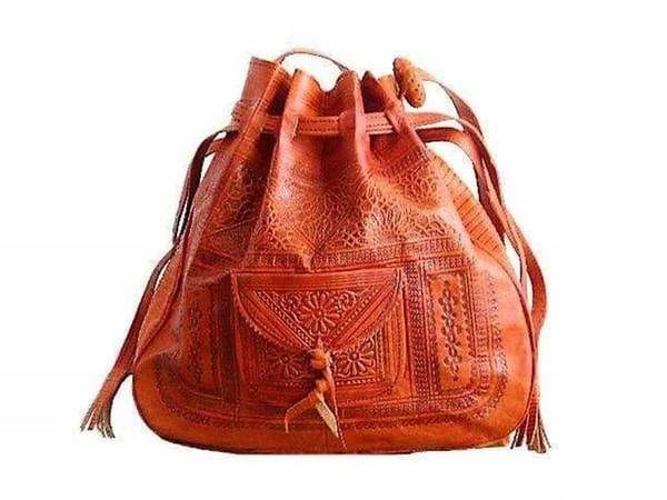 Orange Leather Tote Bag - Bohemian Morocco Tote by Moroccan Corridor