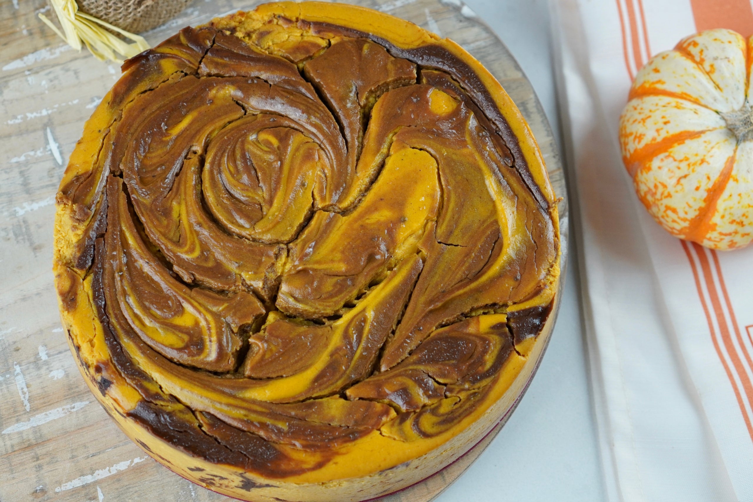 Keto Pumpkin Chocolate Swirl Cheesecake