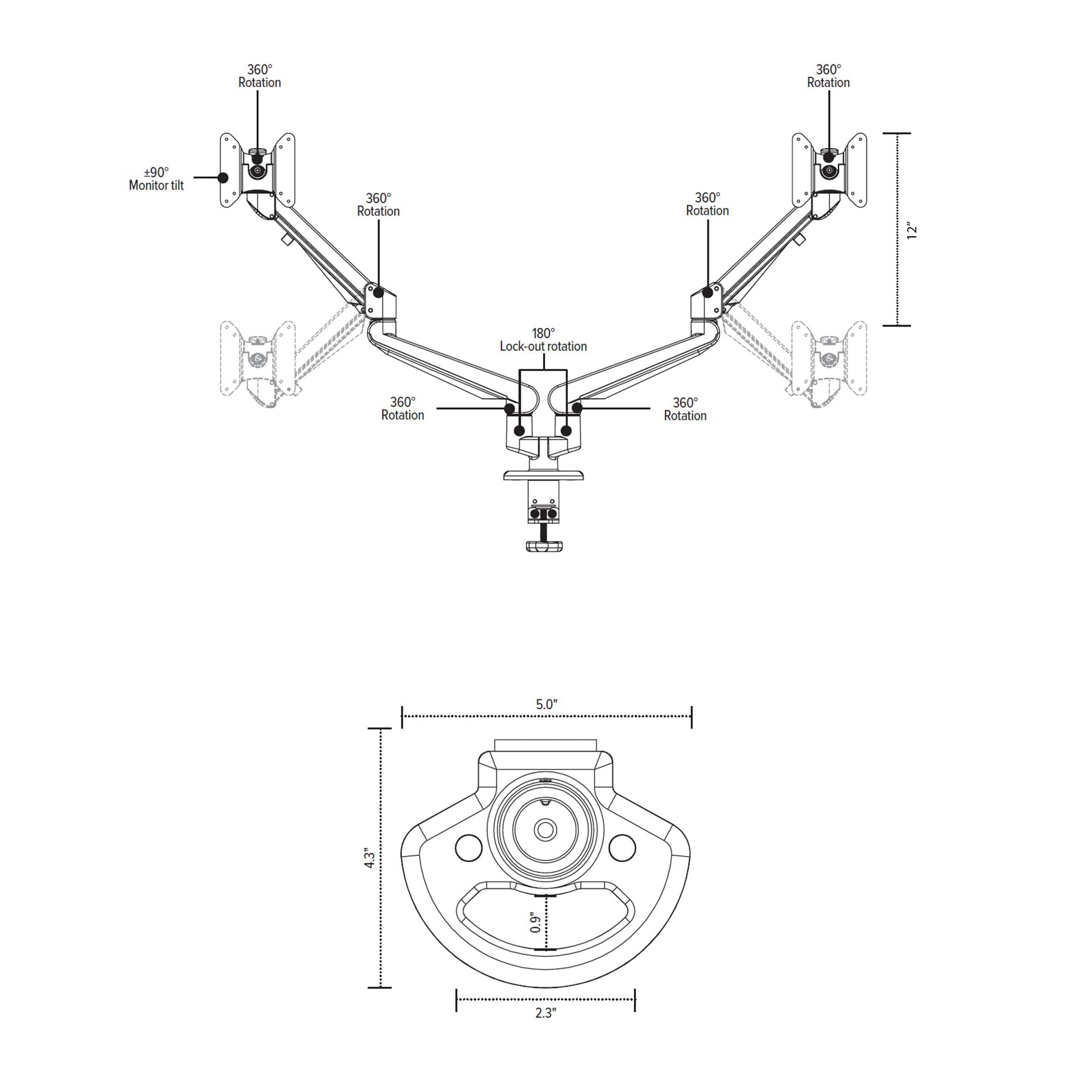 TopView Dual Monitor Arm Diagram