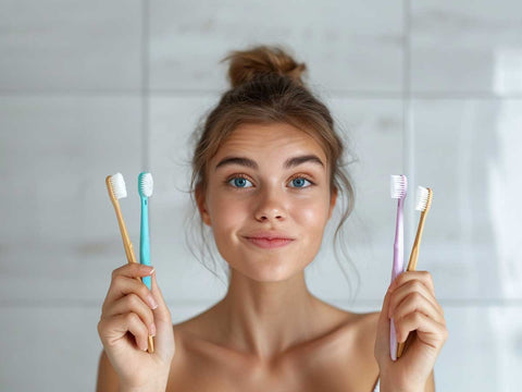 A woman holding four manual toothbrushes