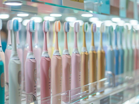 dozen of electric toothbrushes on a shelve in a supermarket