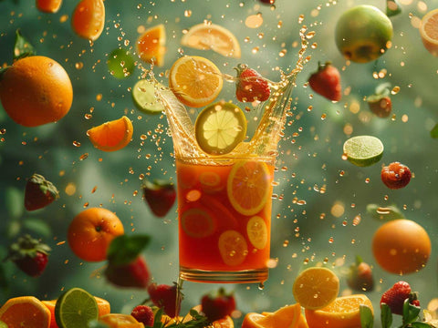 surprising shot epic fruit juices drink dynamic shot in a tornado of fruits