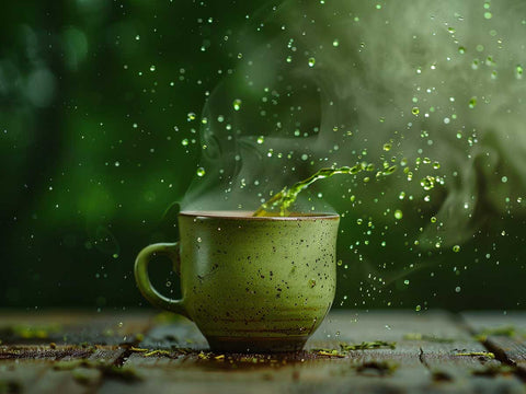 epic green tea dynamic shot from a falling japanese ceramic mug