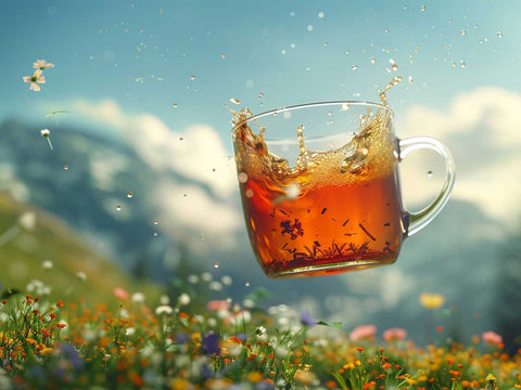 epic herbal tea dynamic shot from a falling mug with a montain view