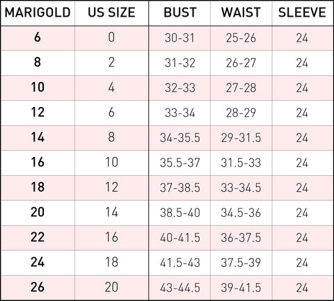 Marigold Jacket Size Chart