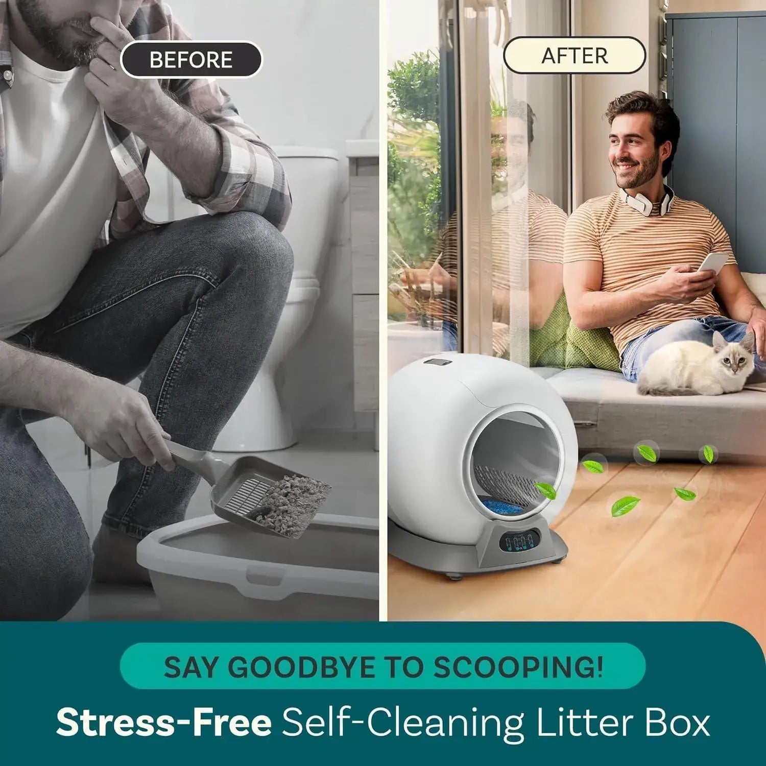 Split image showing a man cleaning a litter box manually and relaxing with a self-cleaning version.