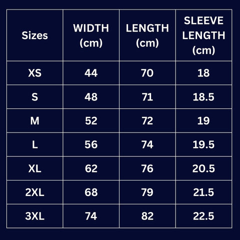 Unisex t-shirt size chart