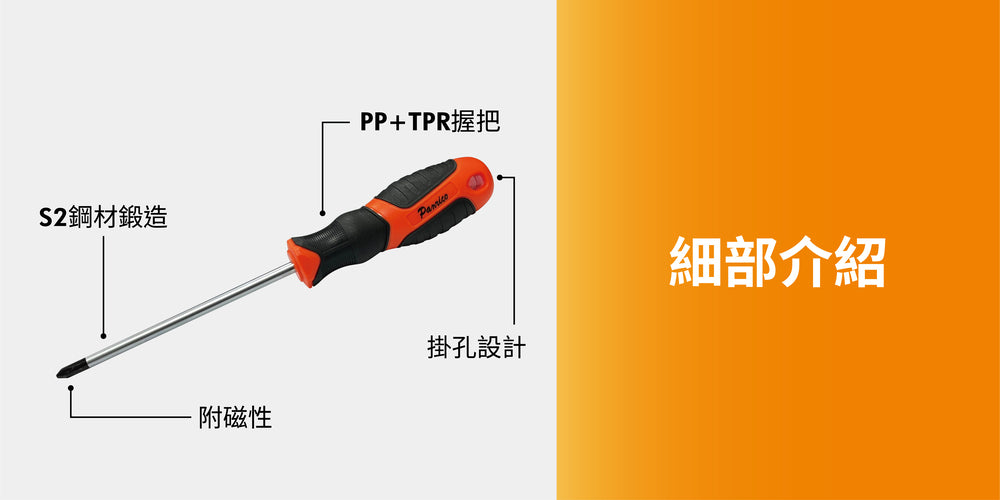 細部介紹 S2鋼材鍛造 附磁性 掛孔設計 PP+TPR握把