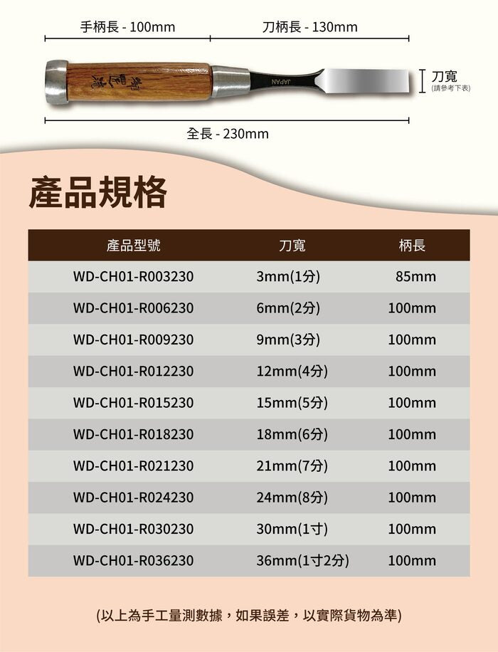 Taiwan made flat chisel, repair chisel, thin chisel, red fire steel woodworking chisel, woodworking flat chisel, chisel specifications