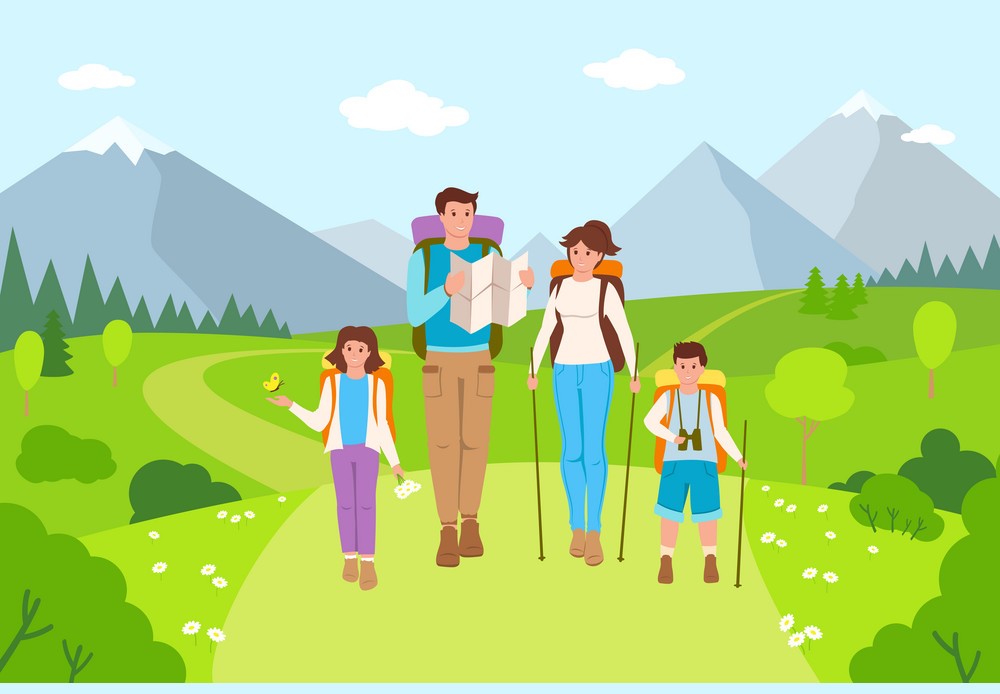 kids hiking with parents