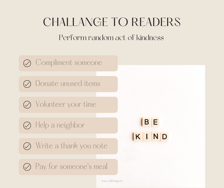 Challenges to readers to perform random act of kindness.