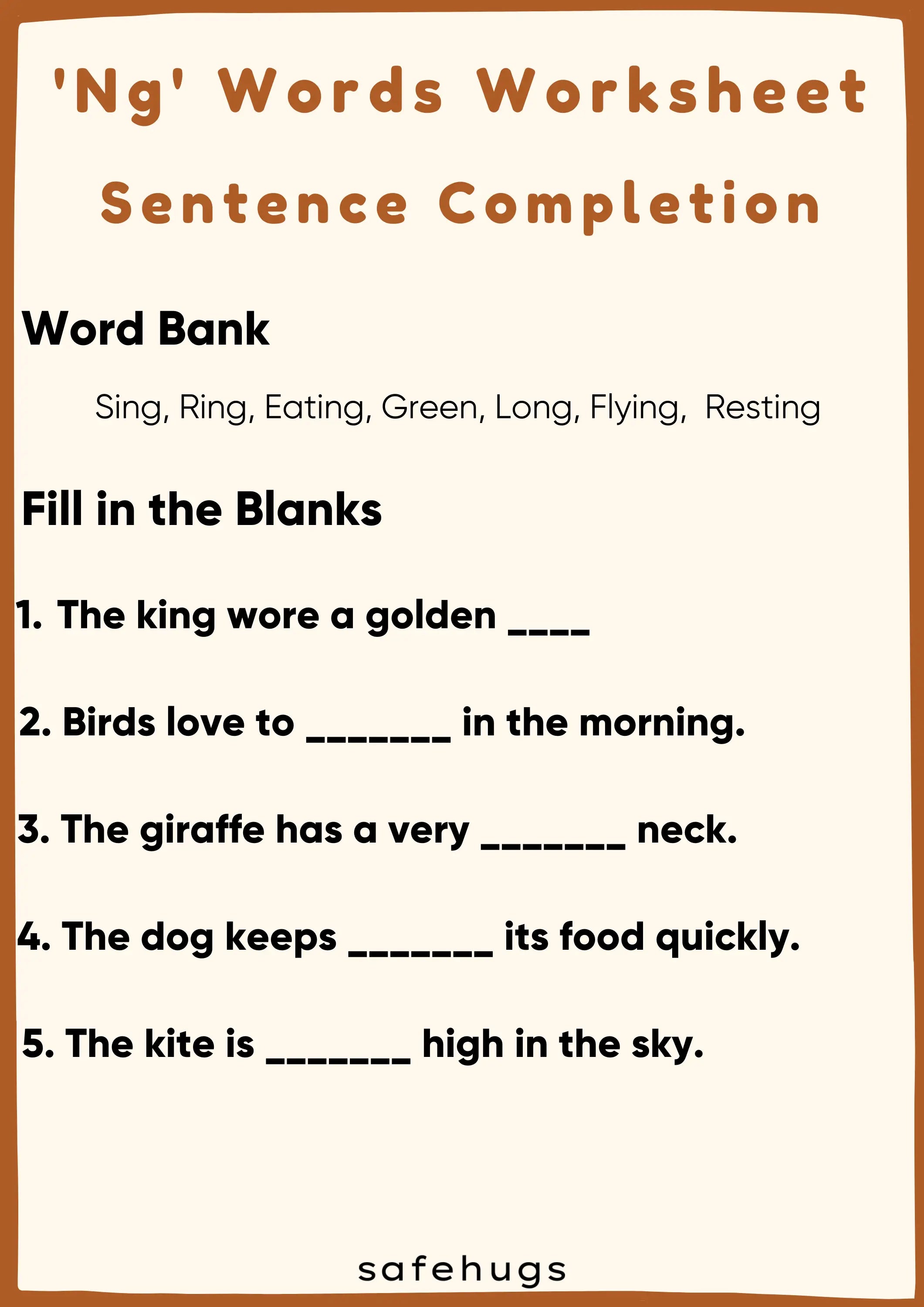 'Ng' words worksheet : Sentence Completion