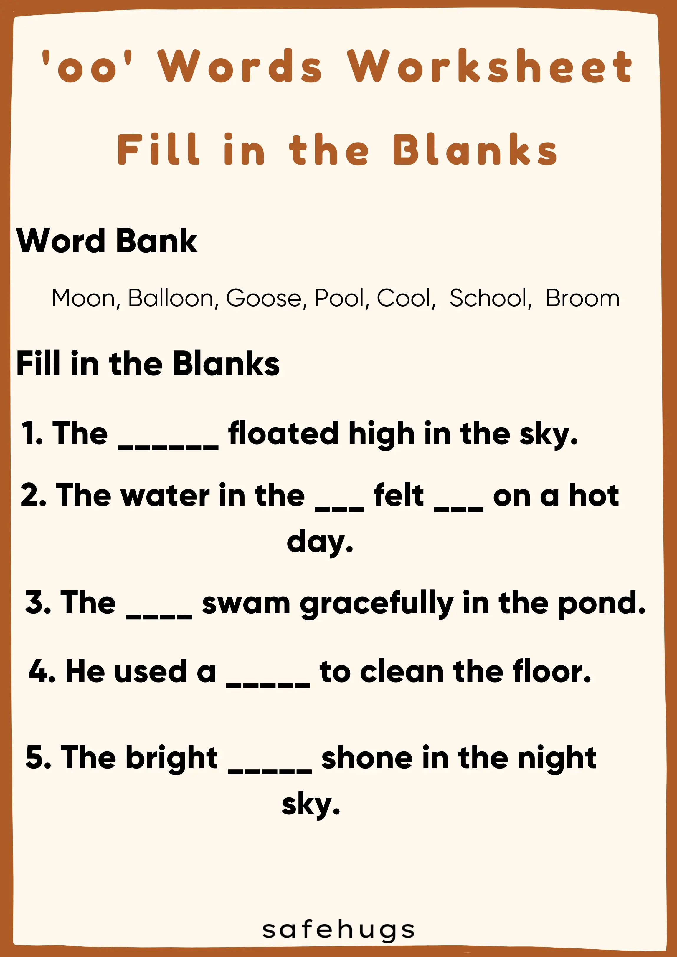 Long oo Words Worksheet 3 "Complete the sentence"
