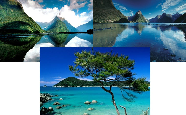 Three views of the Fiordlands National Park in New Zealand.