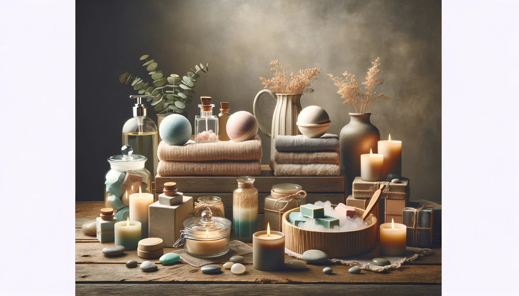 DALL·E 2024-04-15 15.21.04 - A calming and sophisticated display of a bath supplies collection for a wholesale website banner. The image features a variety of bath products such a.webp__PID:9df393d3-e53f-4ce3-a3d9-612f50cec1a4