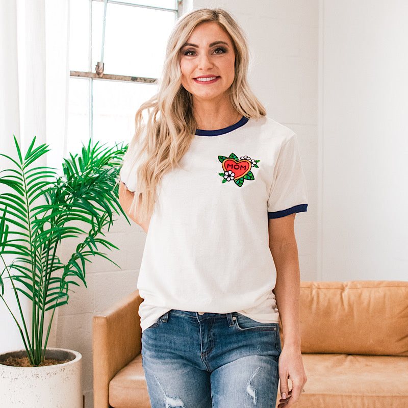 Mom Floral Embroidered Heart Tee