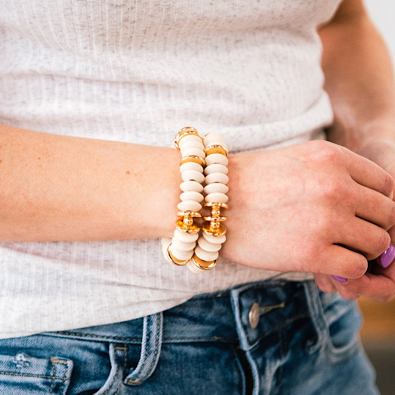 Cream Wooden Bead Bracelet Set