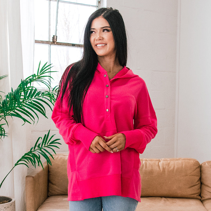 Bethany Oversized Henley Hoodie - Hot Pink