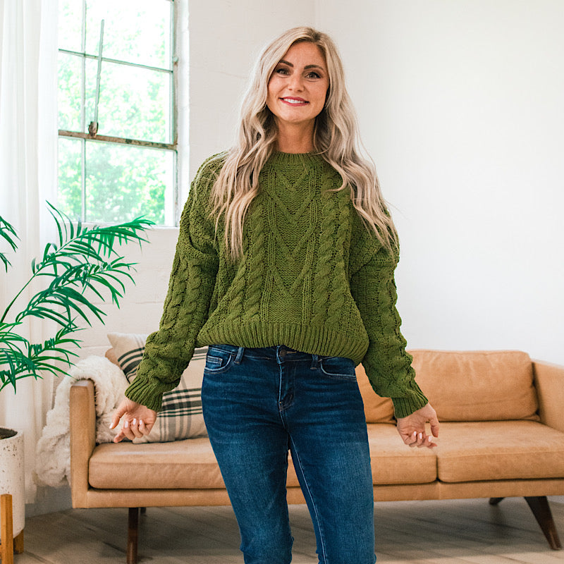 Be There Cable Knit Cropped Sweater - Olive