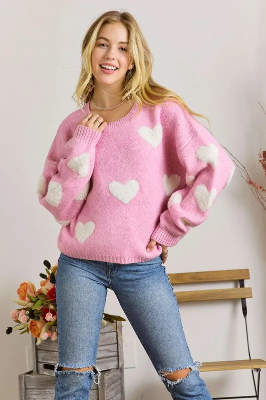 ADORA Full Size Lovely Heart Sweater Top Plus Size