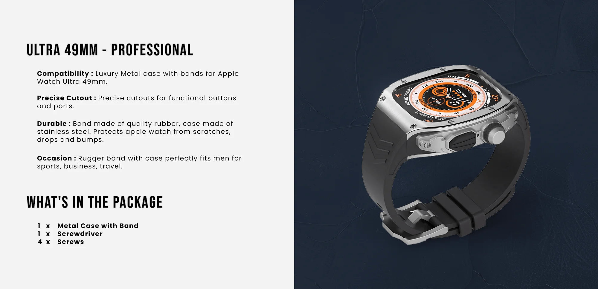 49MM Black Orange Luxury Metal Case With Silicone Straps