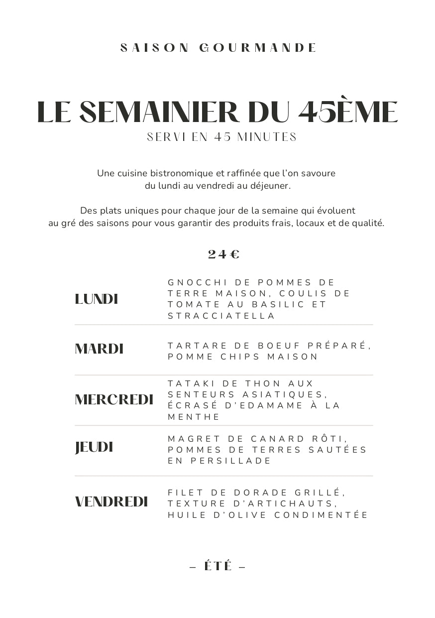 La carte du restaurant Le 45ème