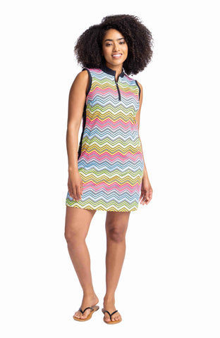 A multicolored pink, black, blue and white striped herringbone golf dress