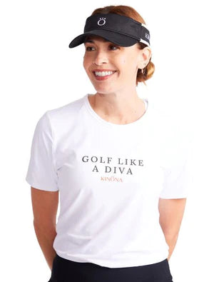 Women smiling in a graphic tee in white with words Golf Like a Diva.