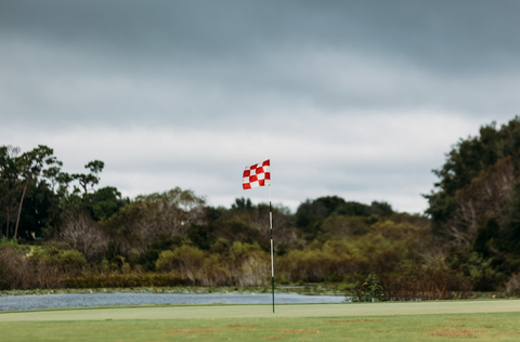 A red and white checkered flag on a golf course