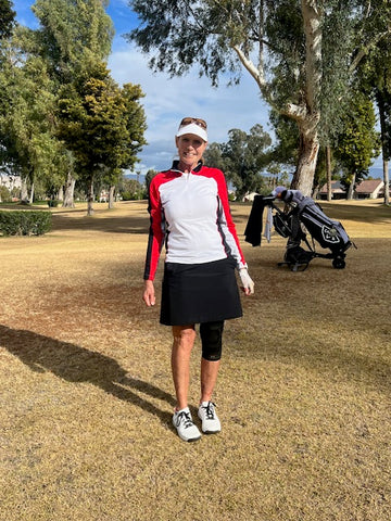 Patty Loeffler golfing in KINONA's women's golf clothes