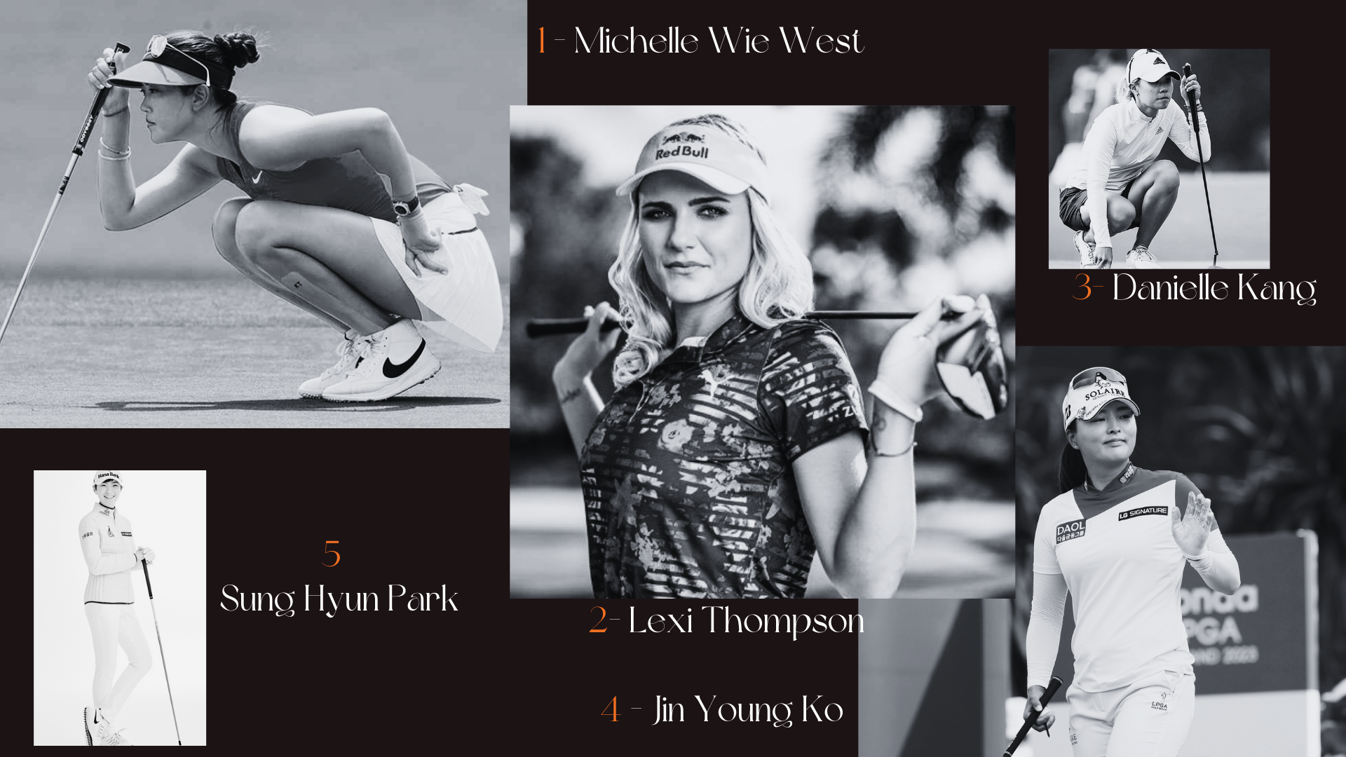 Five LPGA players showcasing their distinct golf fashion styles on the course. Each athlete displays a unique blend of traditional and modern golf attire, reflecting the evolving trends in women's golf fashion.
