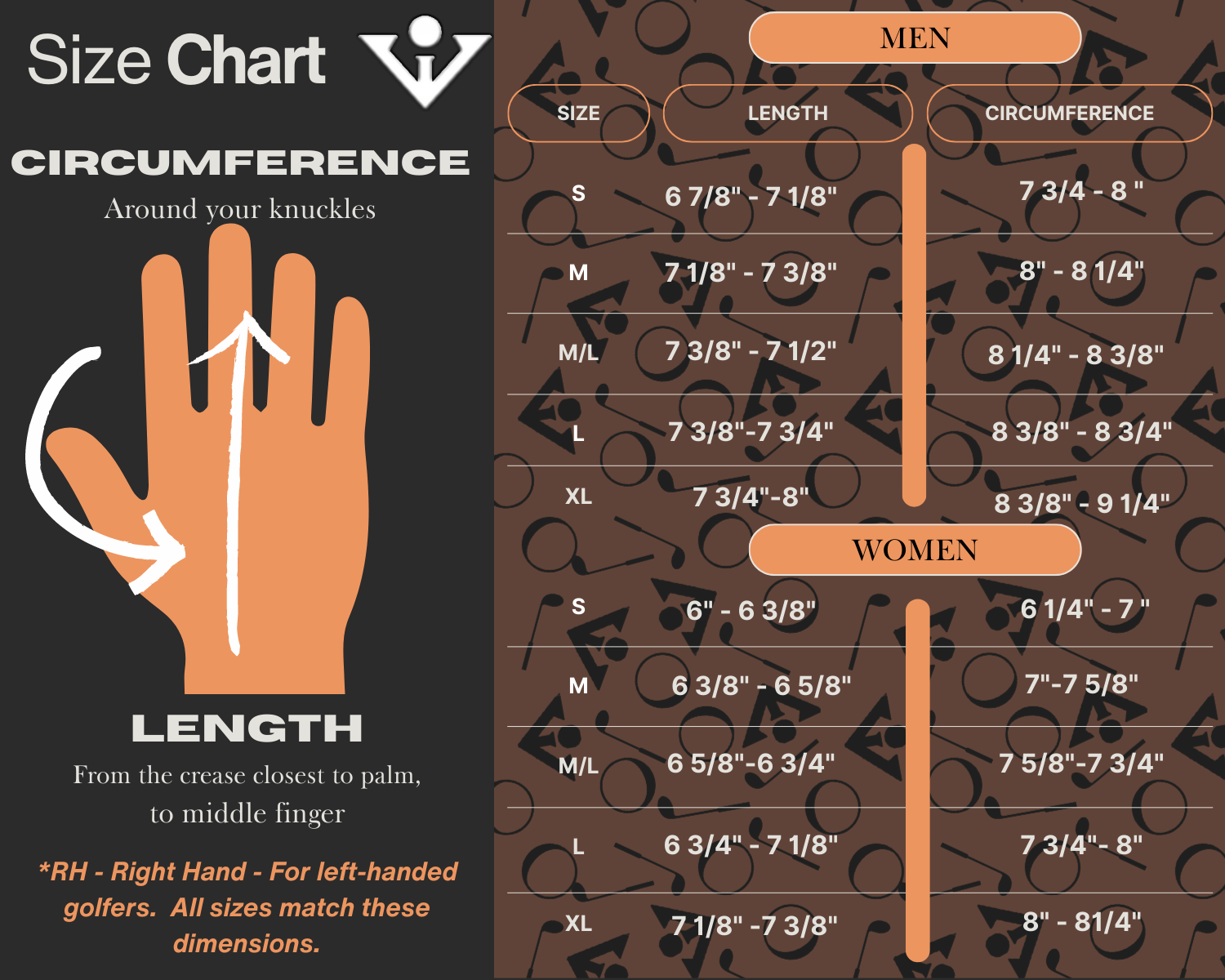 Golf Glove Size Chart and description how to measure your hand for VivanTee Golf.