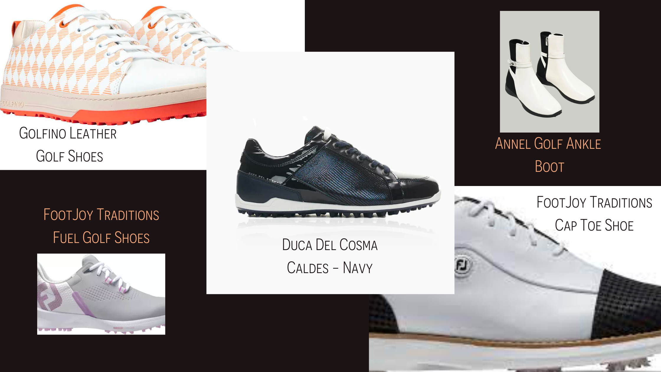 5 Pairs of non traditional golf shoes meant for style, to help enhance women's golf accessories via footwear. A pair of boots, white sneakers, and various other looks.