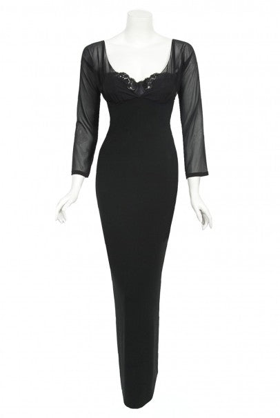 1997 Dolce & Gabbana Sheer Black Stretch Lace Built-In Bra Slip Gown -  Timeless Vixen