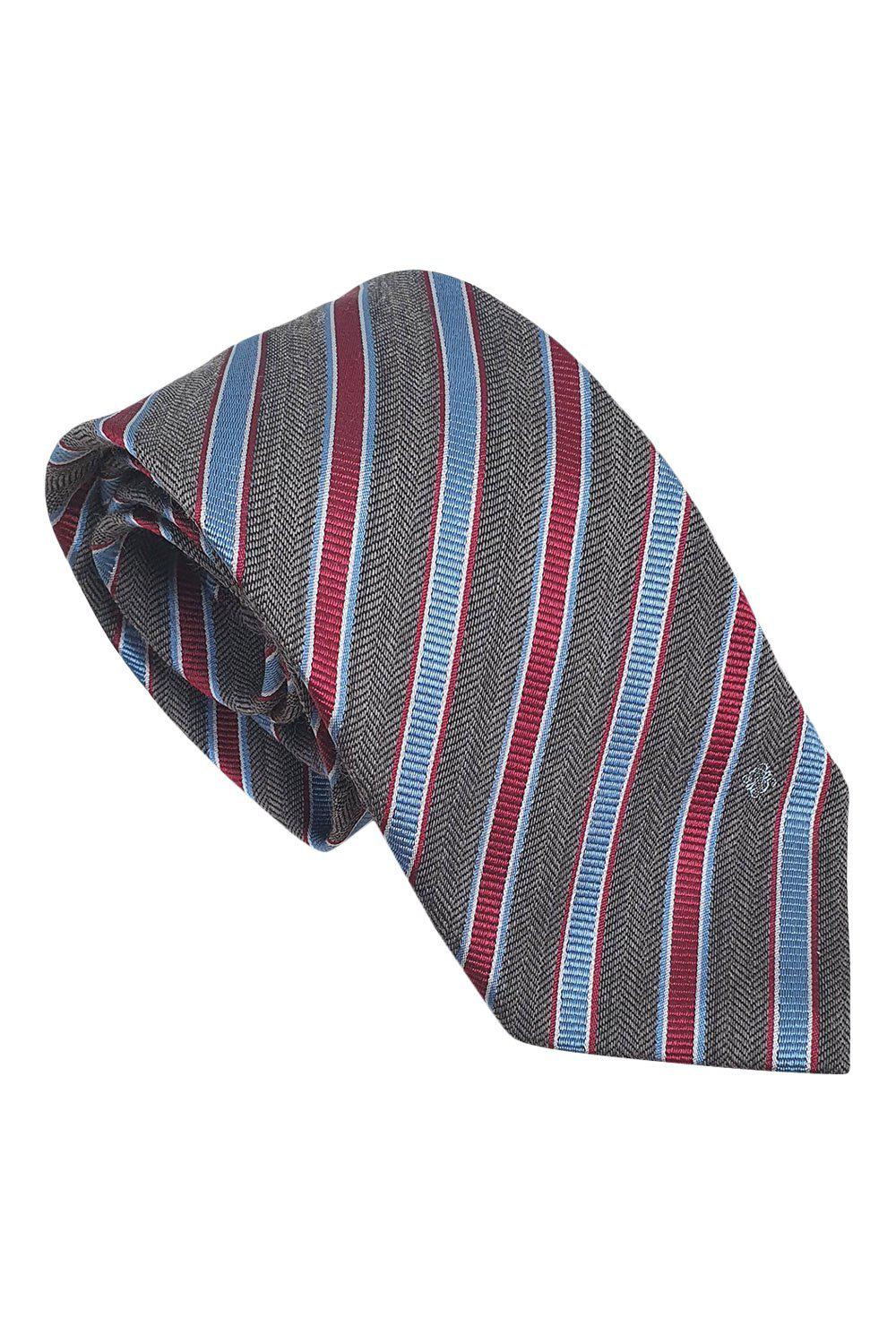 LOEWE 100% Silk Dark Blue Tie Bronze And Light Blue Stripes Repeat