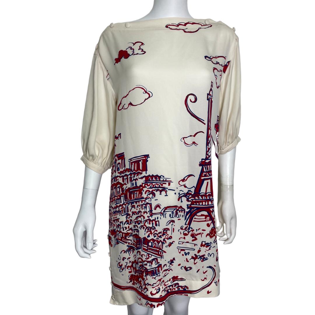 Louis Vuitton Cream Silk Eiffel Tower Print Dress EU 36 | UK 8 | US 12-The Freperie
